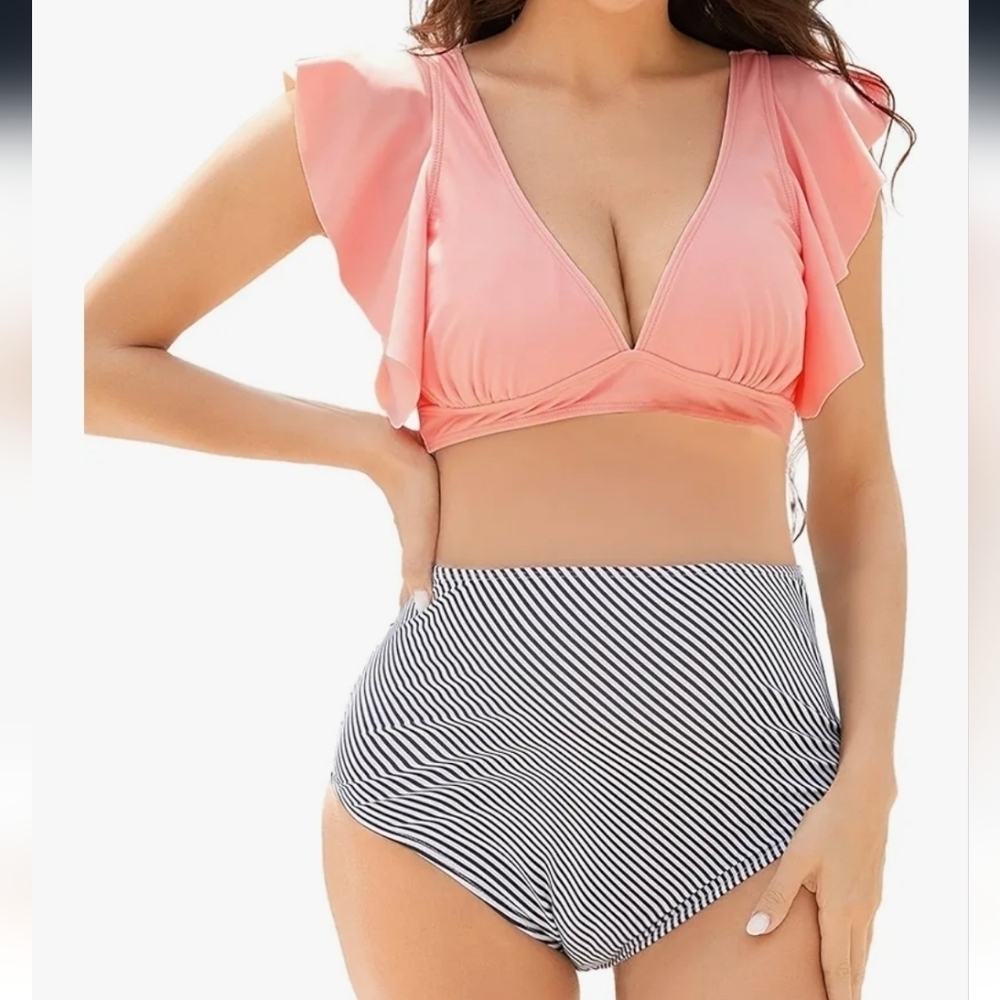 New Boutique Women's Ruffle High Waisted Maternity 2 PC Bikini Swimsuit S
